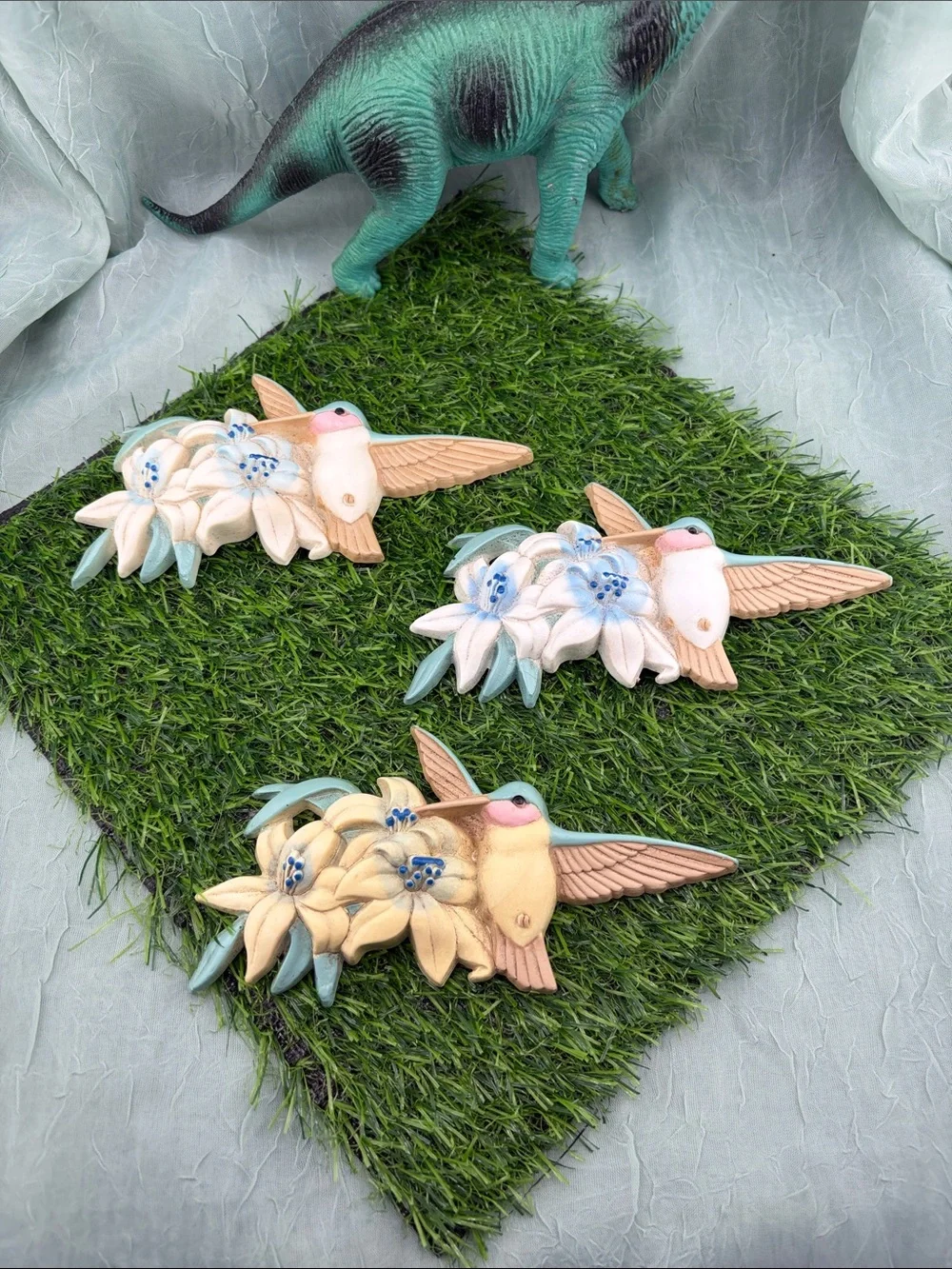 Vintage 1990s Burwood Products Plastic Hummingbird and Flower Wall Art |set of 9
